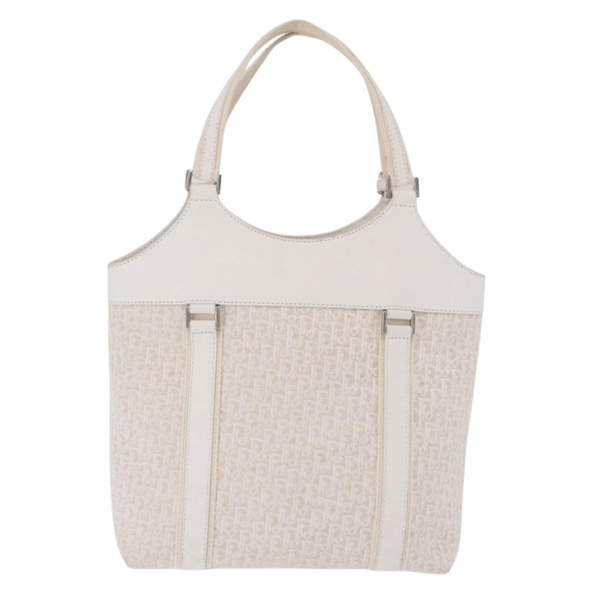 Christian Dior Trotter Canvas Hand Bag White Silver Auth 202957A