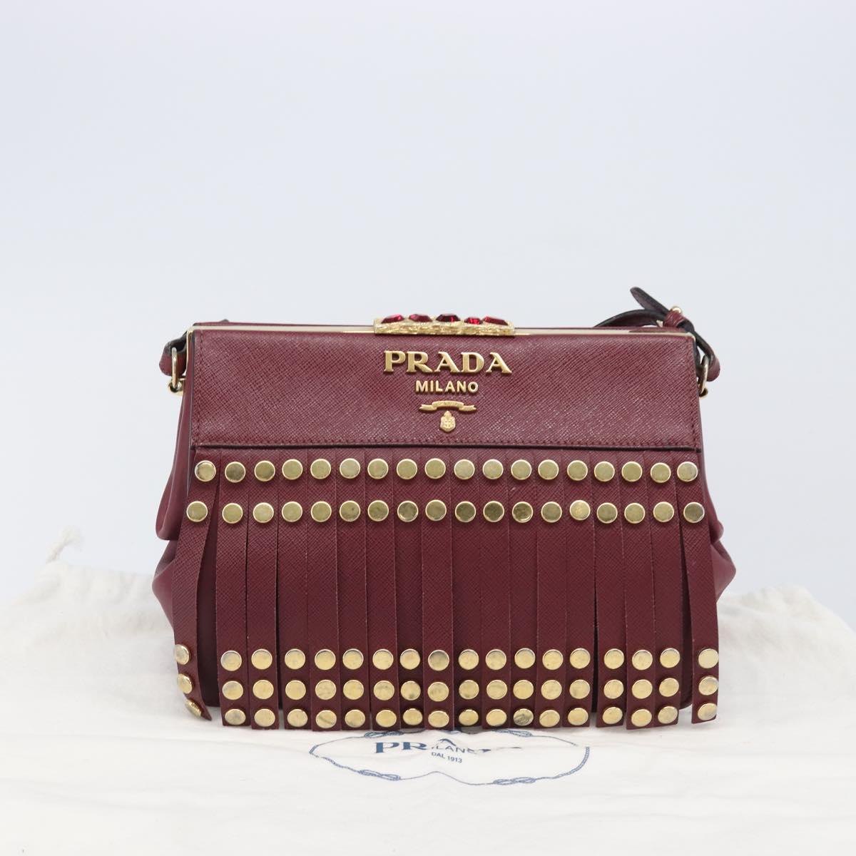 PRADA Shoulder Bag Safiano Leather Bordeaux Gold Auth 202965V