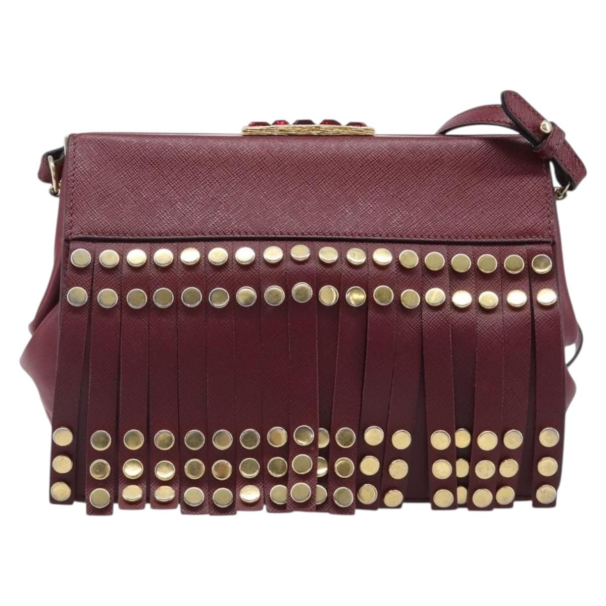 PRADA Shoulder Bag Safiano Leather Bordeaux Gold Auth 202965V