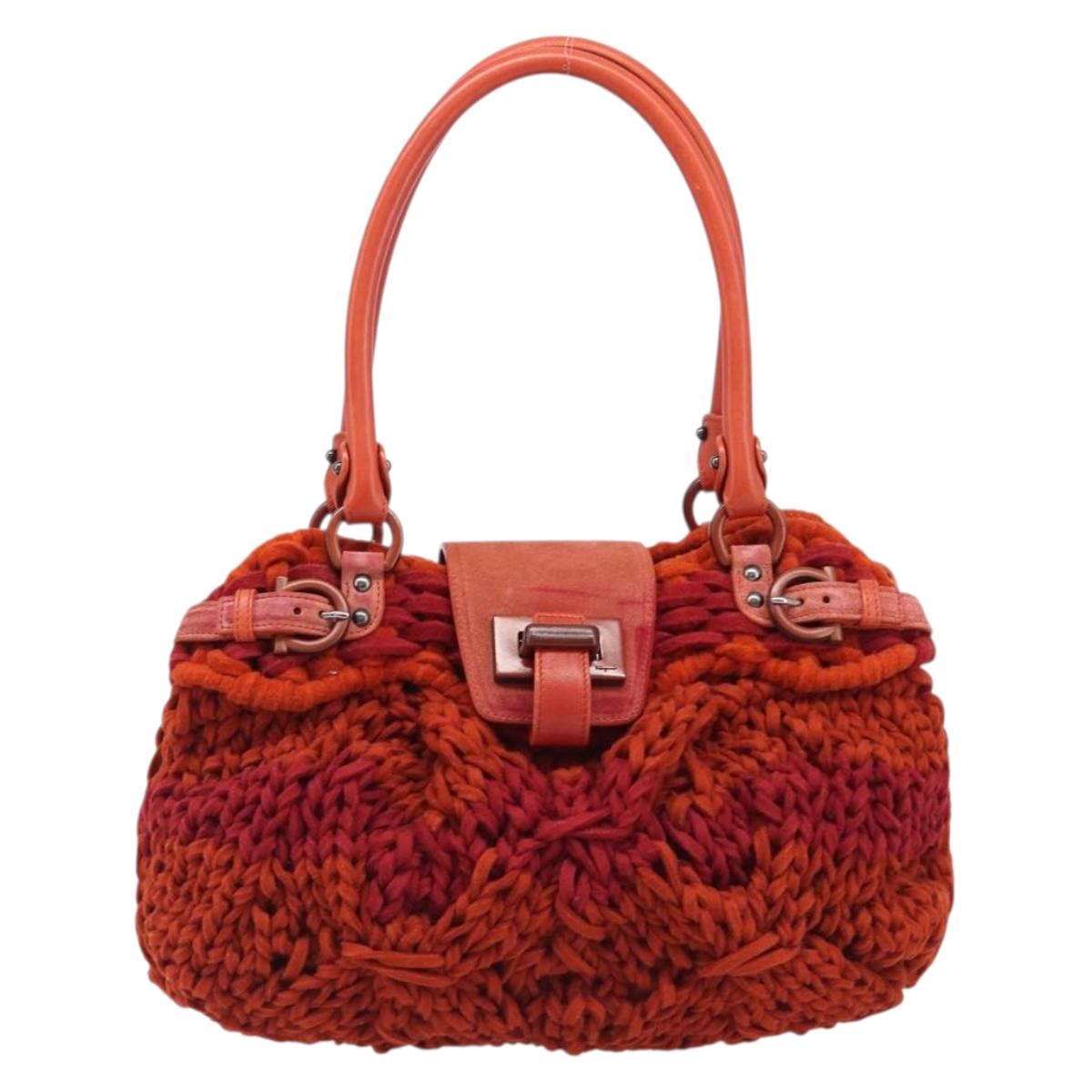 Salvatore Ferragamo Gancini Hand Bag Knitted Fabrics Red Silver Auth 202979V