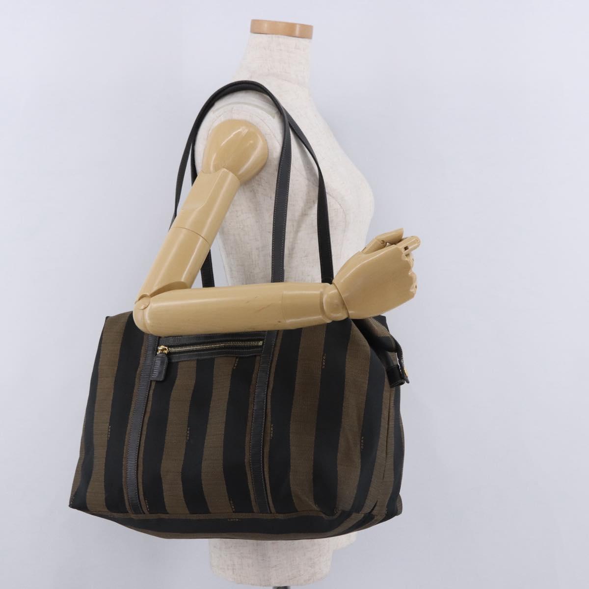 FENDI Pecan Canvas Tote Bag Brown Black Auth 202984