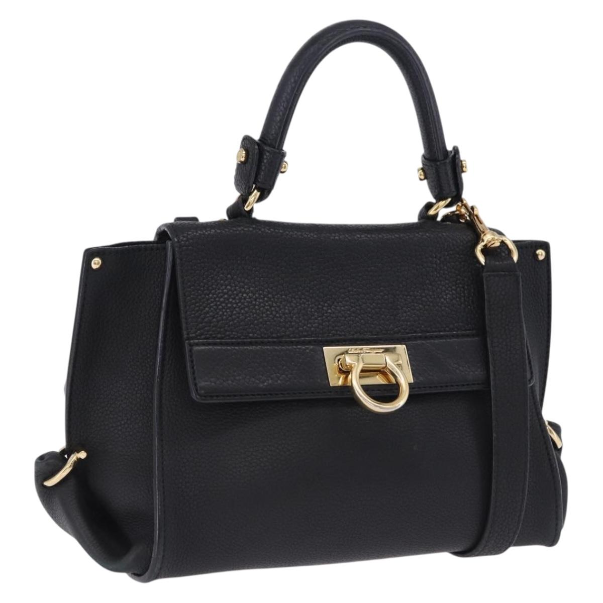 Salvatore Ferragamo Gancini Sofia Hand Bag Leather 2way Black Gold Auth 202994