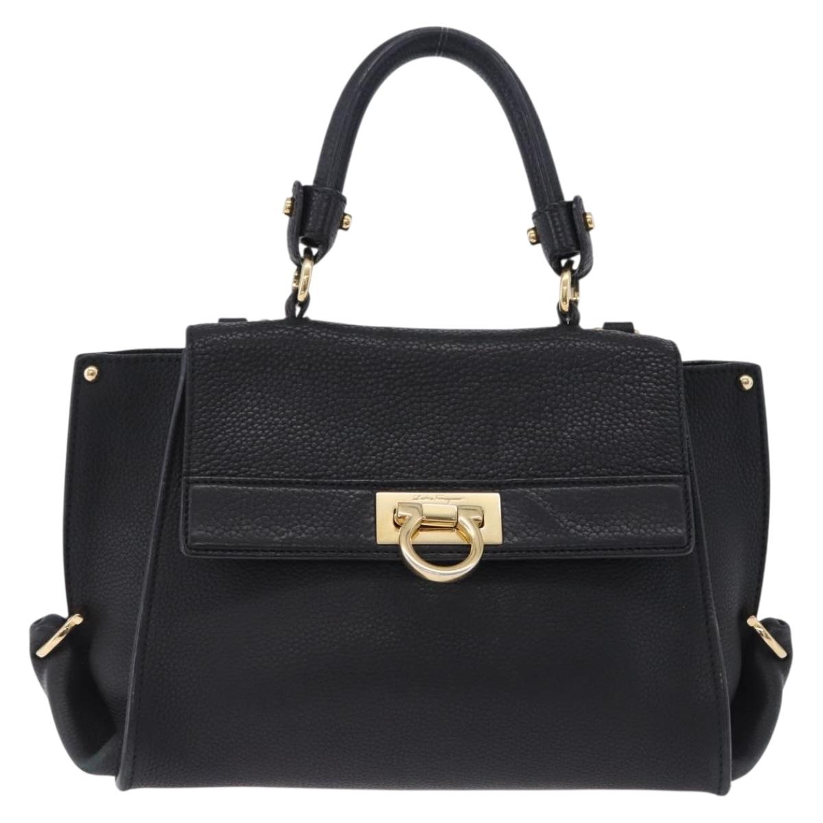 Salvatore Ferragamo Gancini Sofia Hand Bag Leather 2way Black Gold Auth 202994