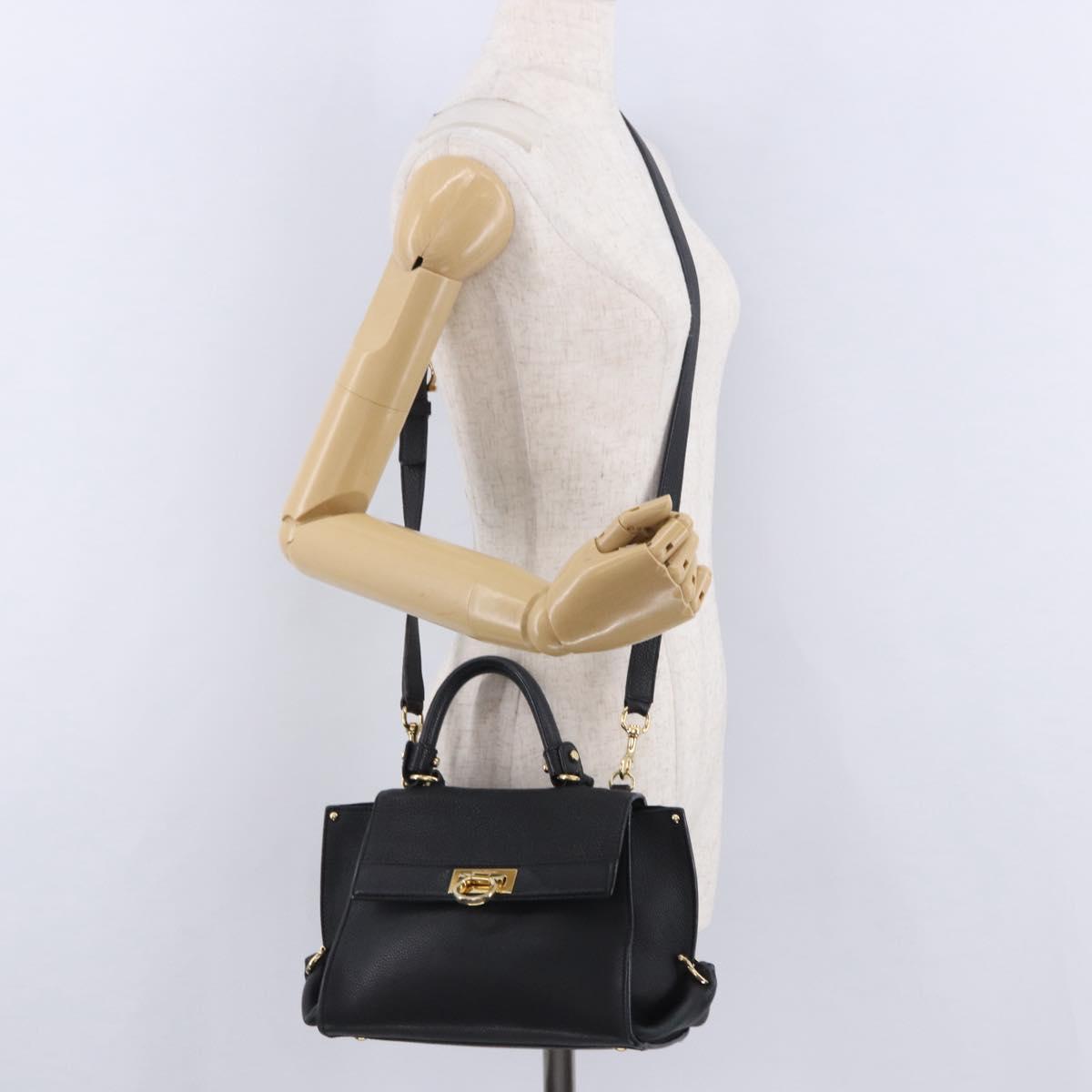 Salvatore Ferragamo Gancini Sofia Hand Bag Leather 2way Black Gold Auth 202994