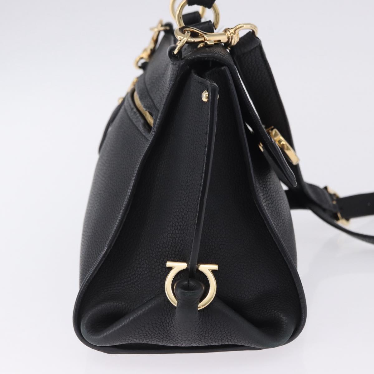 Salvatore Ferragamo Gancini Sofia Hand Bag Leather 2way Black Gold Auth 202994