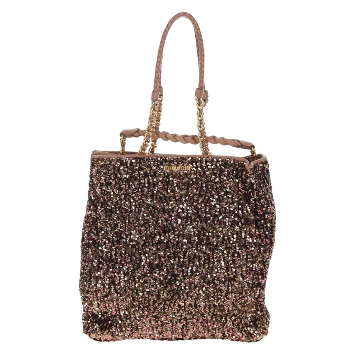 Miu Miu Tote Bag Leather Sequins 2way Beige Gold Auth 202996M