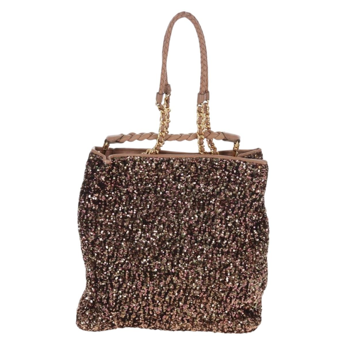 Miu Miu Tote Bag Leather Sequins 2way Beige Gold Auth 202996M