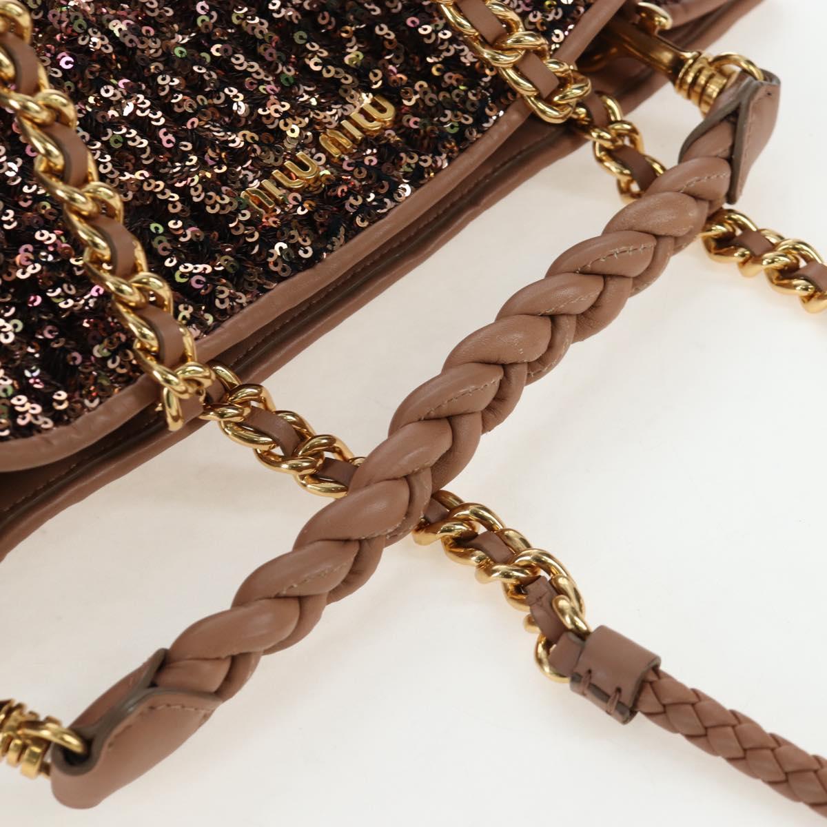 Miu Miu Tote Bag Leather Sequins 2way Beige Gold Auth 202996M