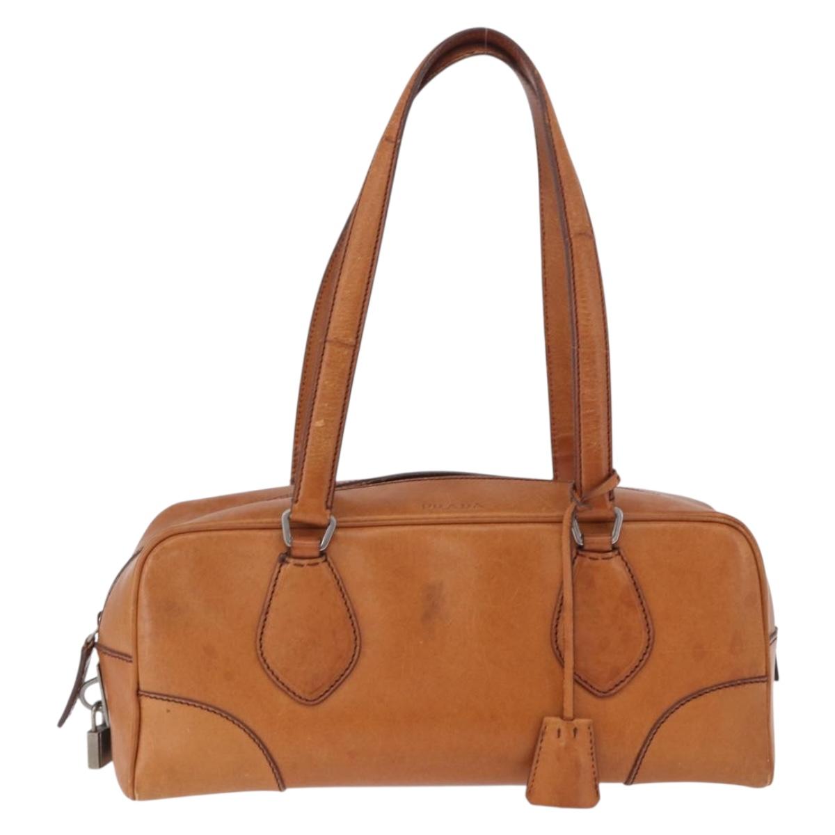 PRADA Shoulder Bag Leather Brown Silver Auth 202998