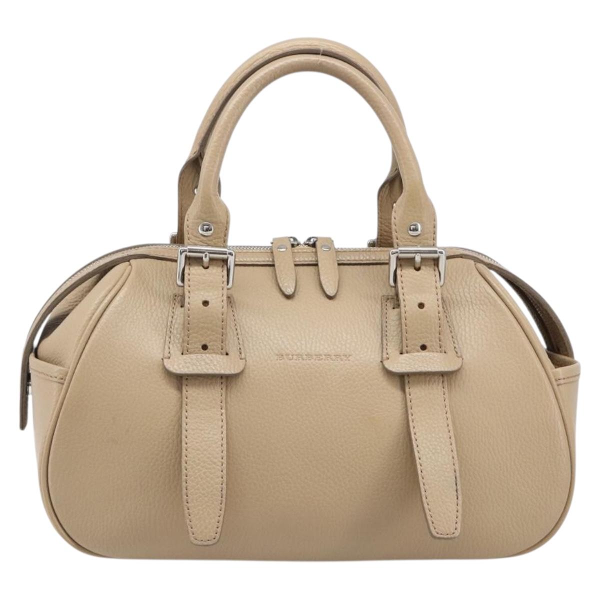 BURBERRY Hand Bag Leather Beige Silver Auth 202999A