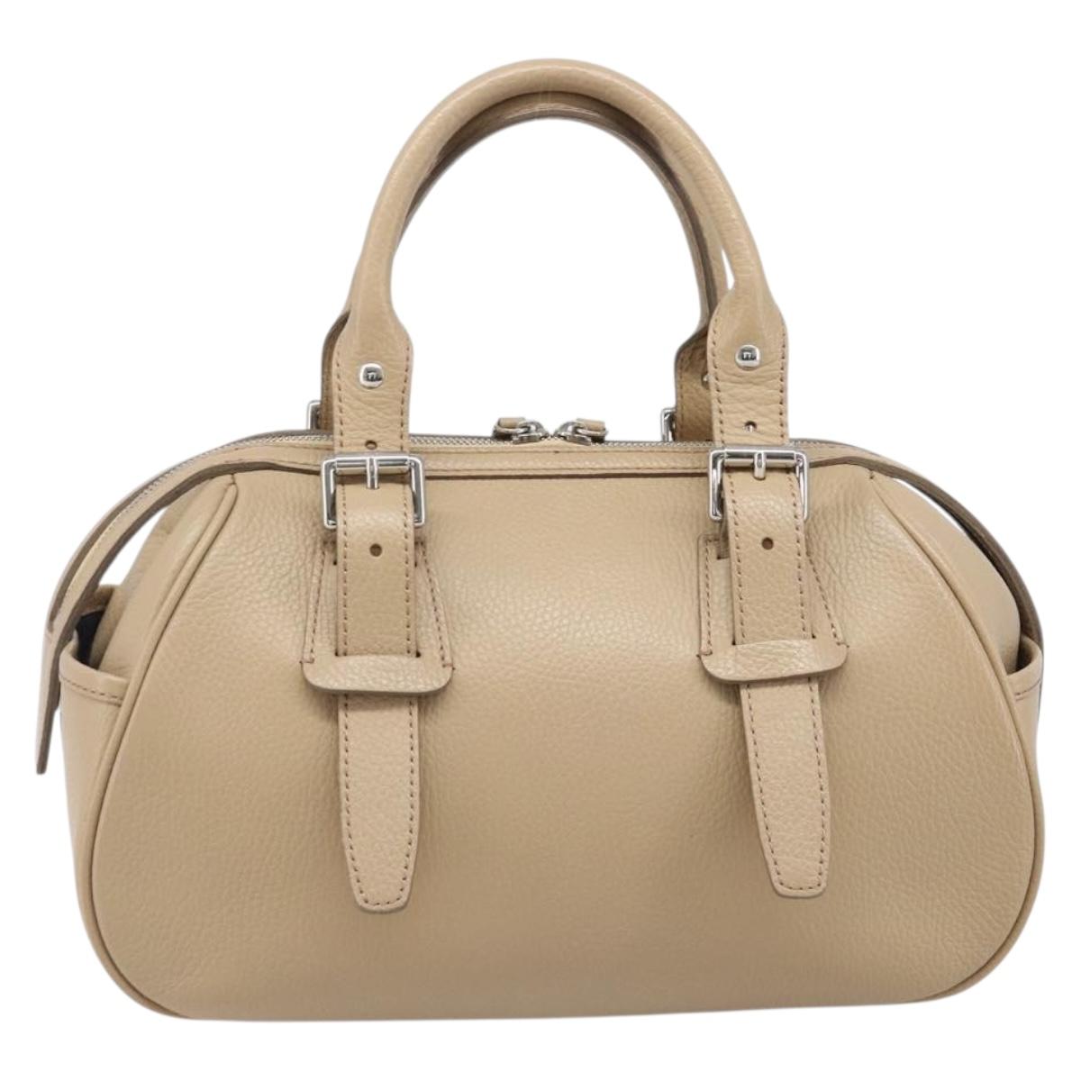 BURBERRY Hand Bag Leather Beige Silver Auth 202999A