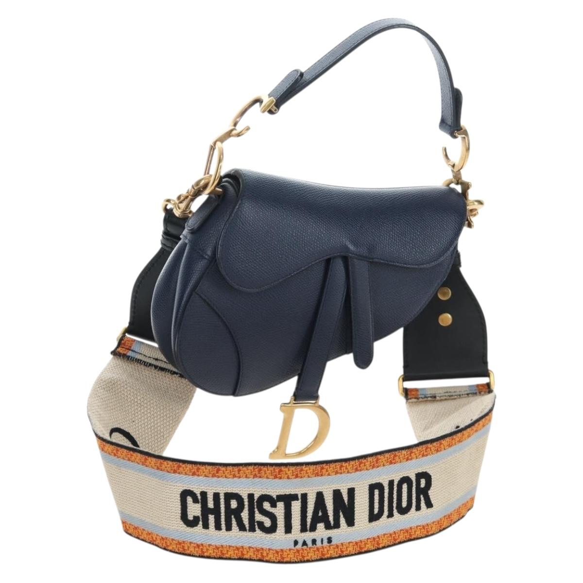 Christian Dior Saddle Shoulder Bag Leather 2way Navy Gold Auth 203000V