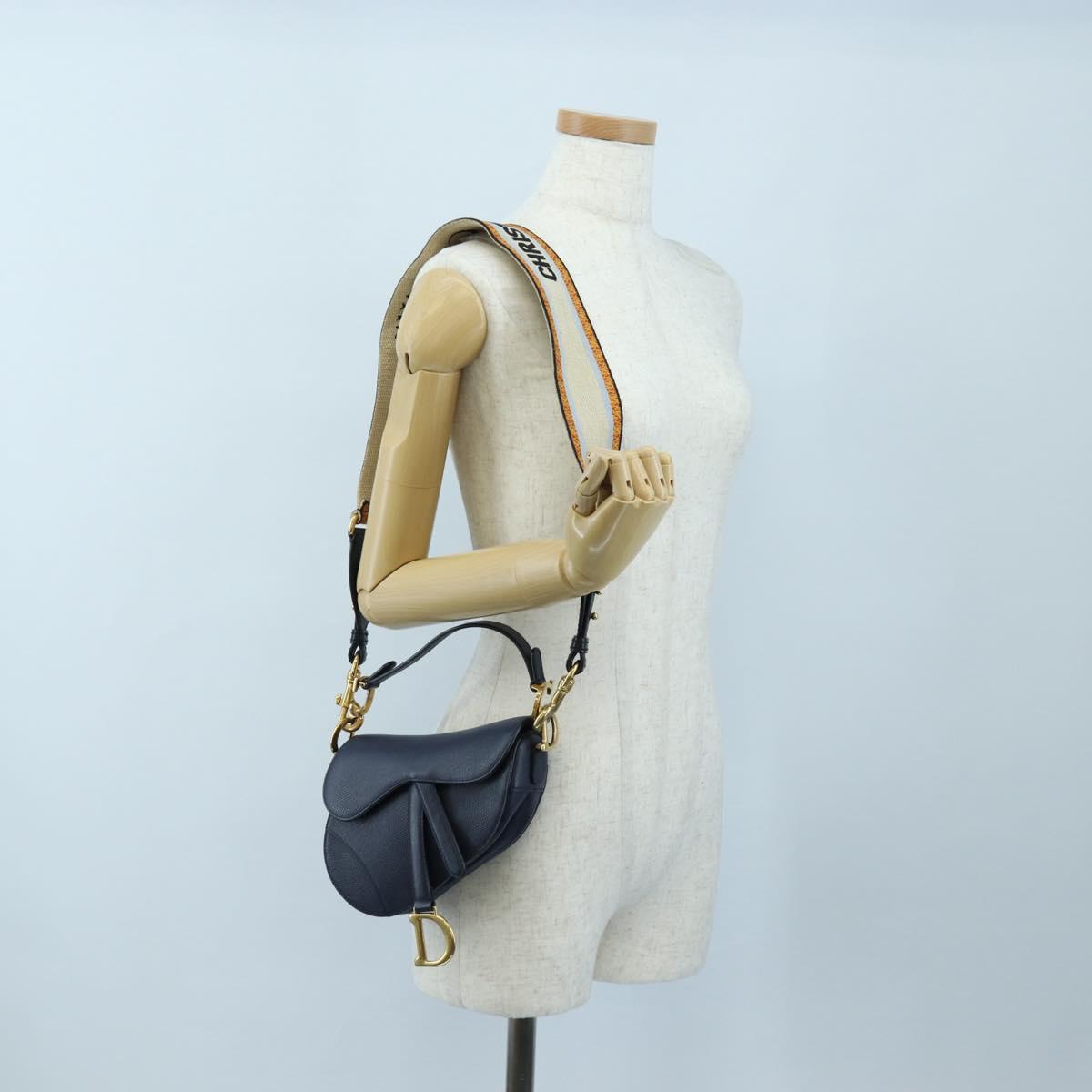Christian Dior Saddle Shoulder Bag Leather 2way Navy Gold Auth 203000V