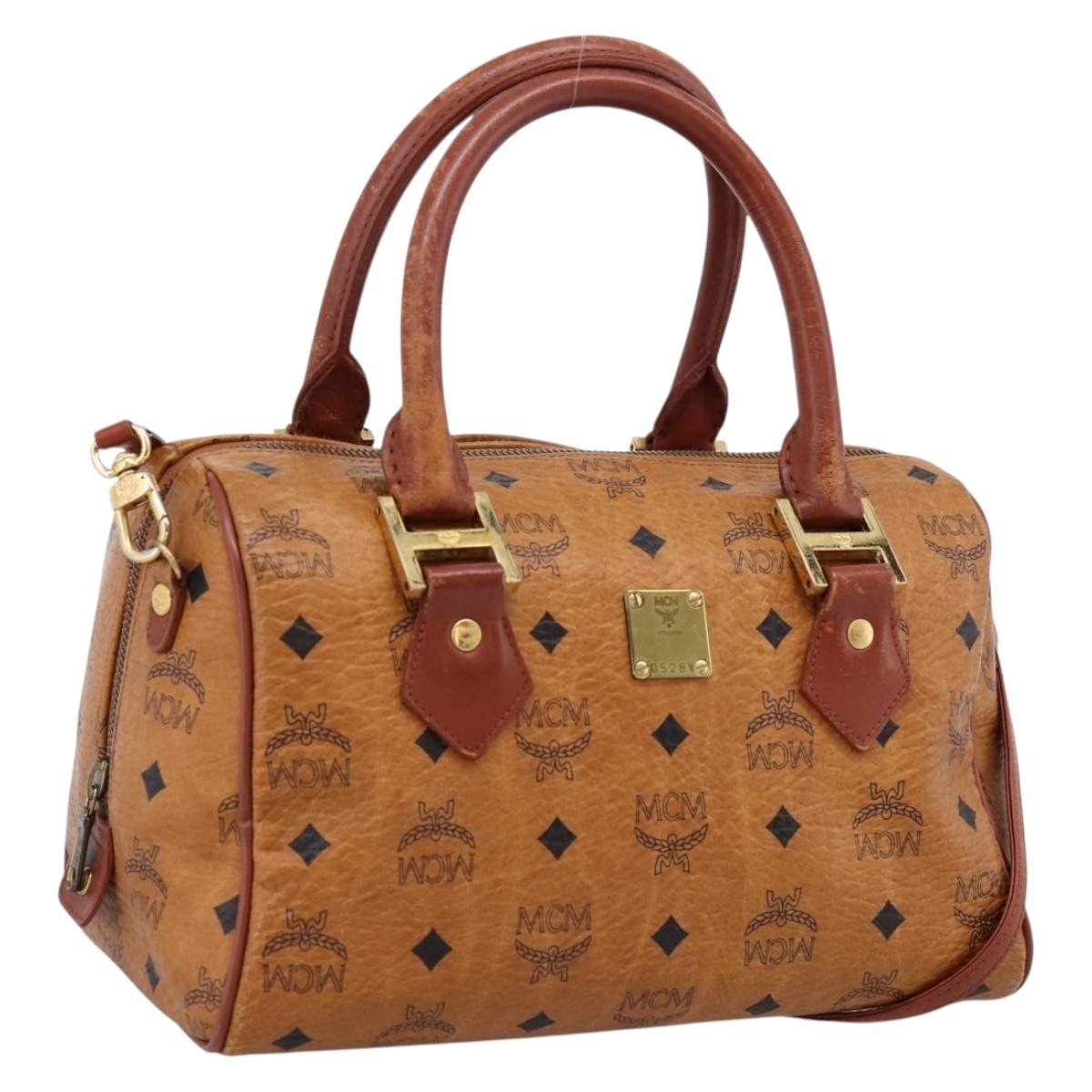 MCM Logogram Vicetos Boston Bag PVC Leather 2way Brown Gold Auth 203004