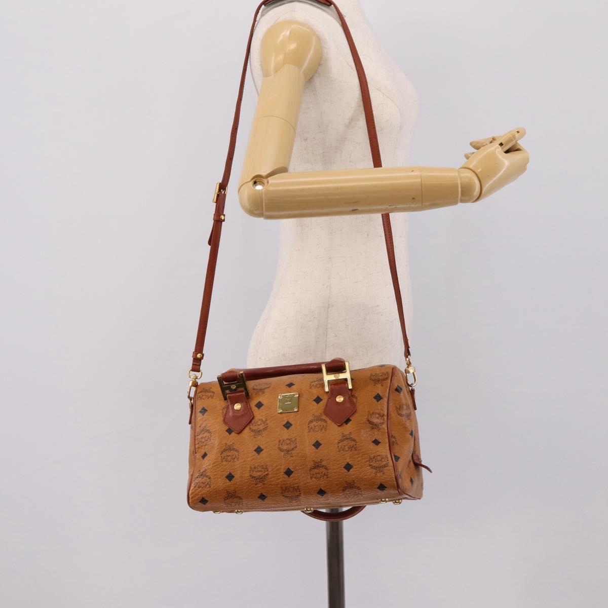 MCM Logogram Vicetos Boston Bag PVC Leather 2way Brown Gold Auth 203004