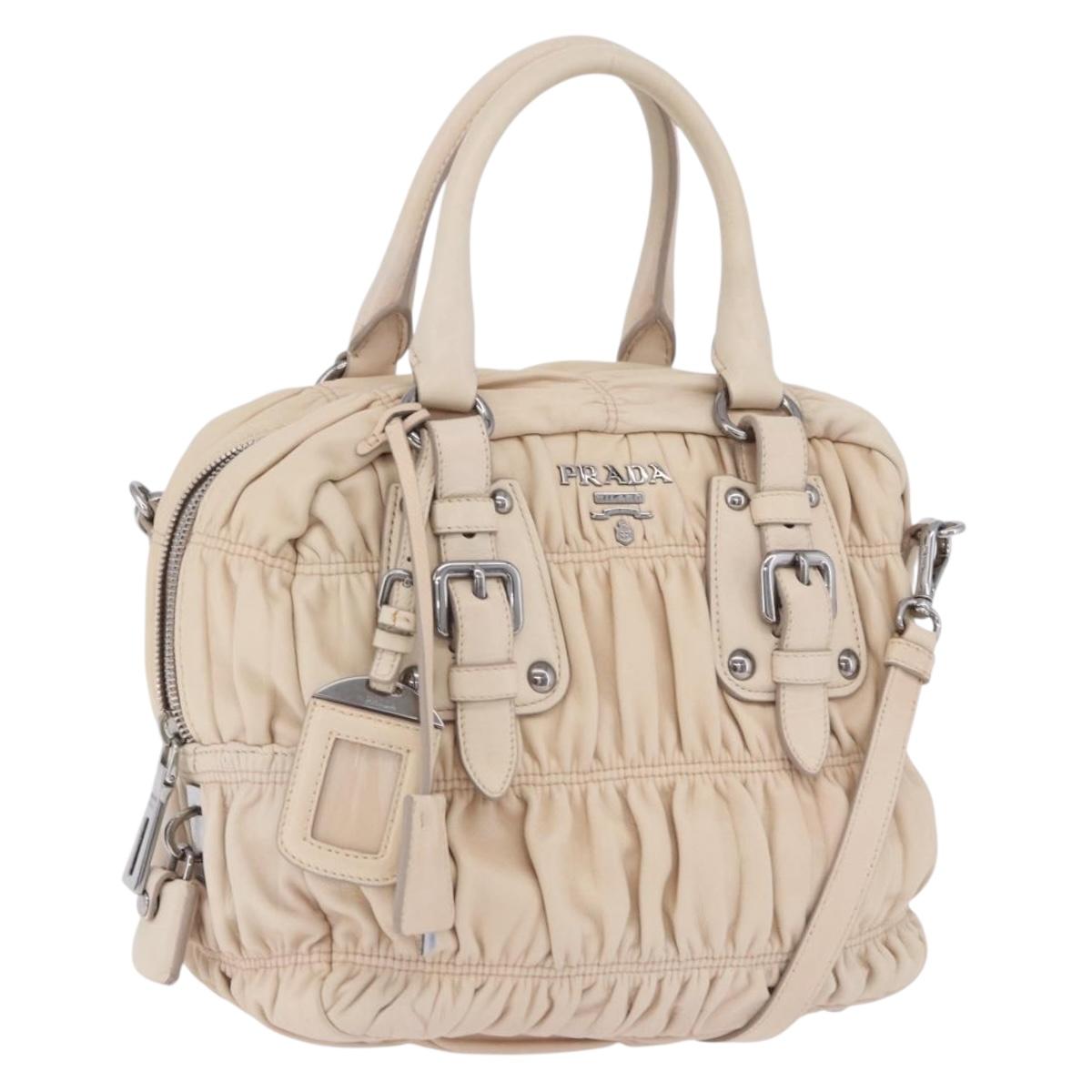PRADA Gathered Hand Bag Leather 2way Ivory Silver Auth 203005V