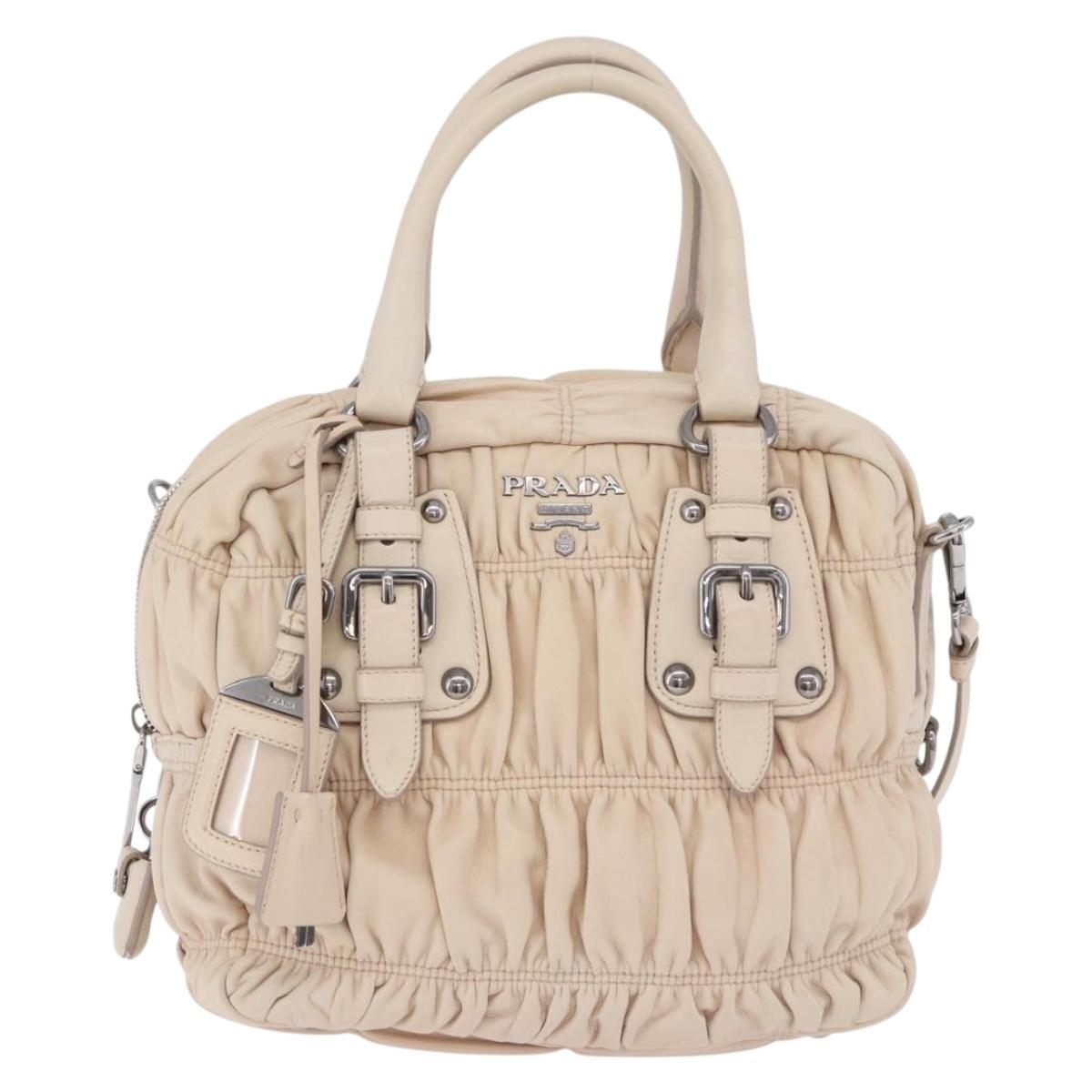PRADA Gathered Hand Bag Leather 2way Ivory Silver Auth 203005V