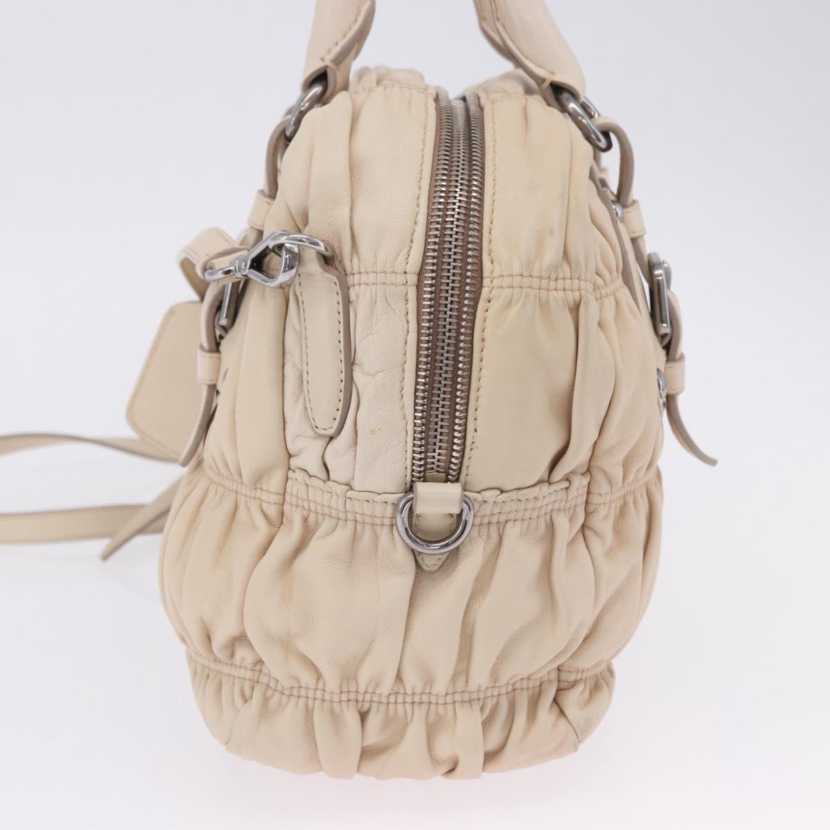 PRADA Gathered Hand Bag Leather 2way Ivory Silver Auth 203005V