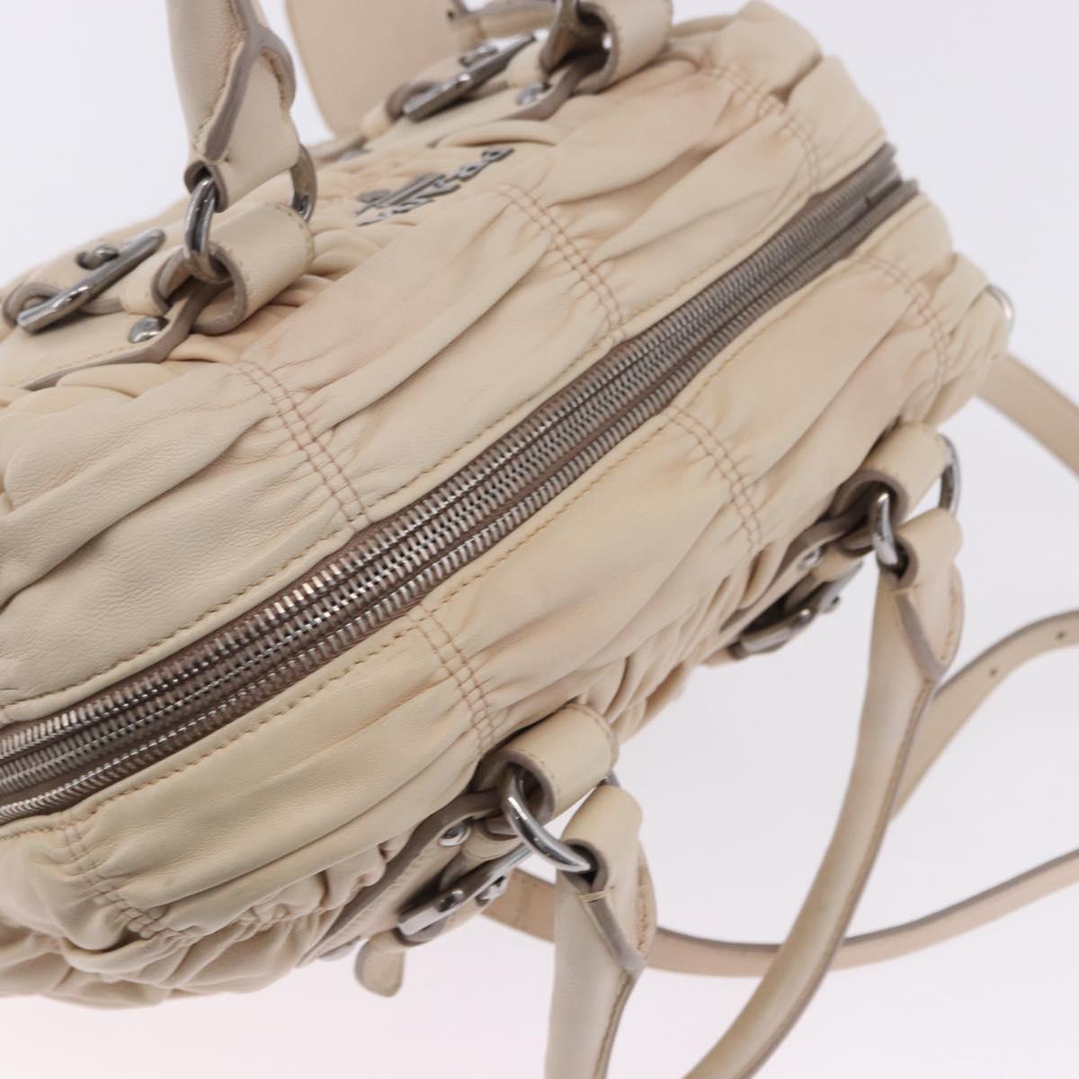 PRADA Gathered Hand Bag Leather 2way Ivory Silver Auth 203005V