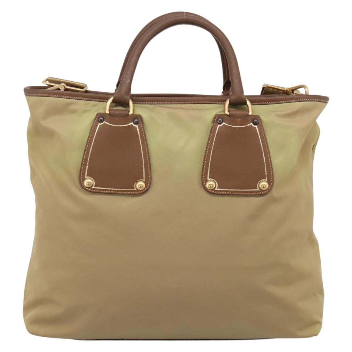 PRADA Hand Bag Nylon Leather 2way Beige Gold Auth 203008