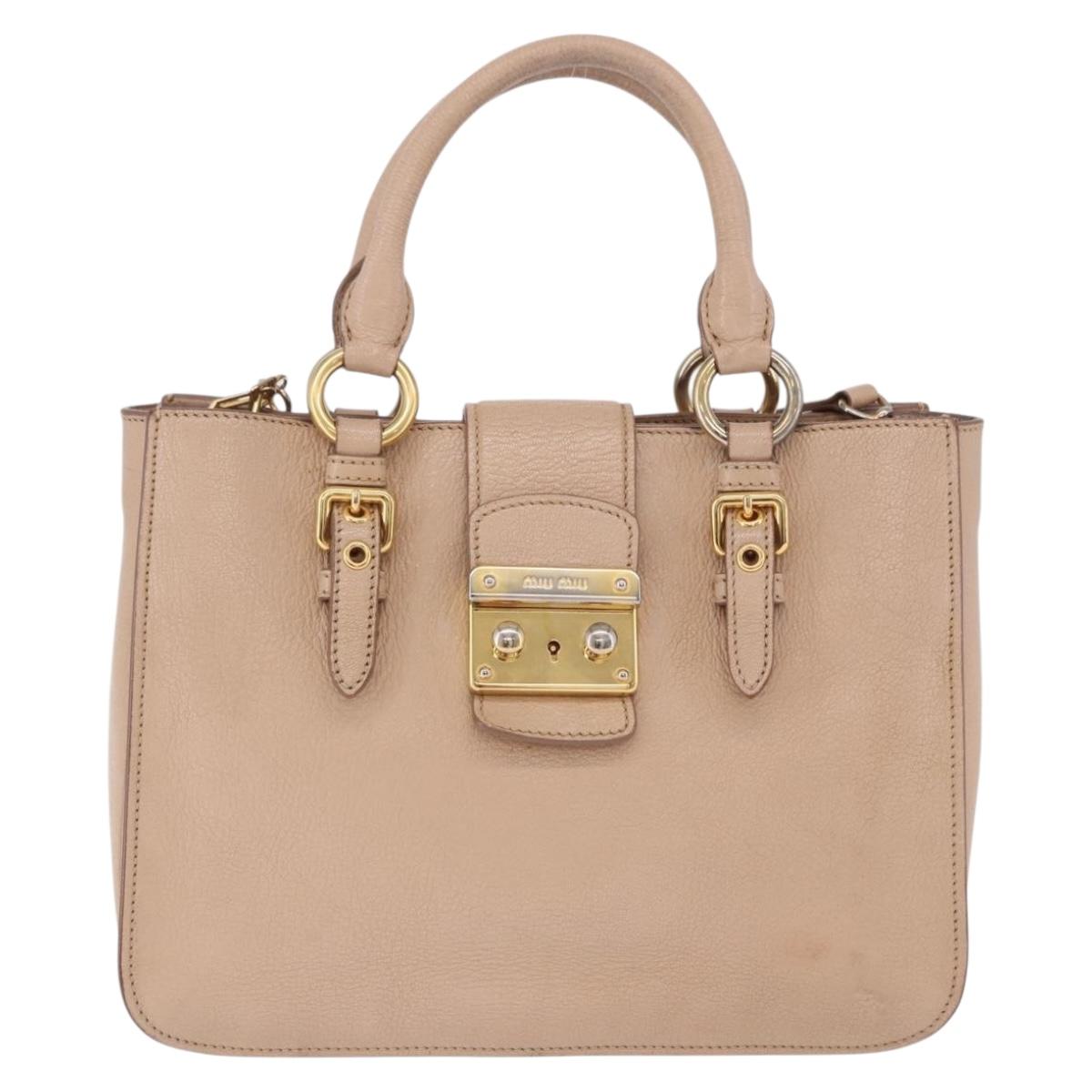 Miu Miu Hand Bag Leather 2way Beige Gold Auth 203009