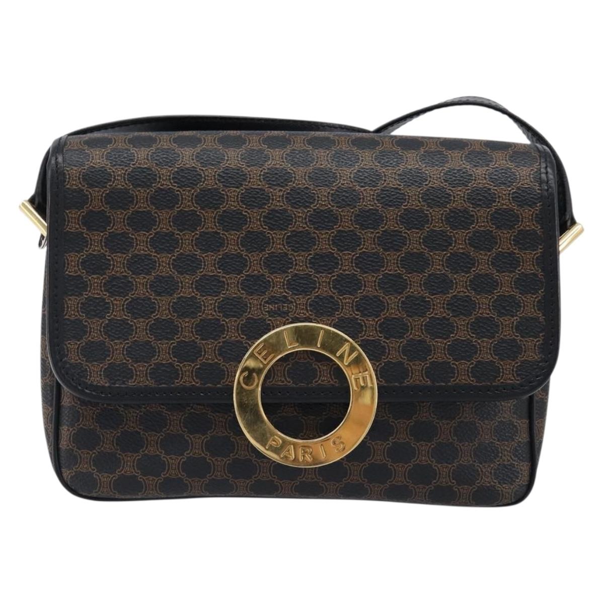 CELINE Macadam Canvas Circle Hand Bag PVC Leather Black Gold Auth 203016