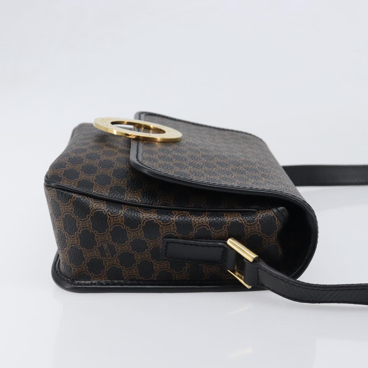 CELINE Macadam Canvas Circle Hand Bag PVC Leather Black Gold Auth 203016