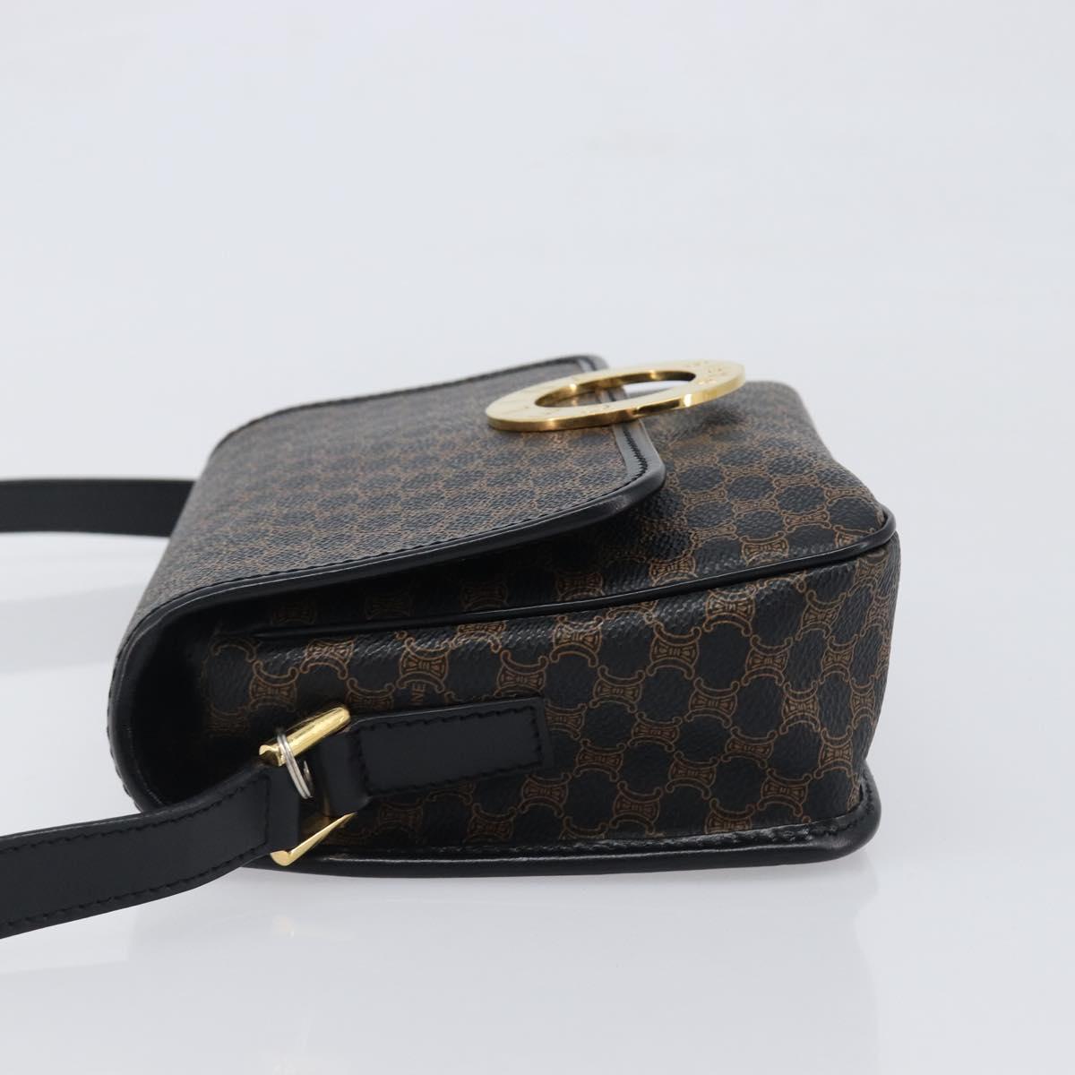 CELINE Macadam Canvas Circle Hand Bag PVC Leather Black Gold Auth 203016