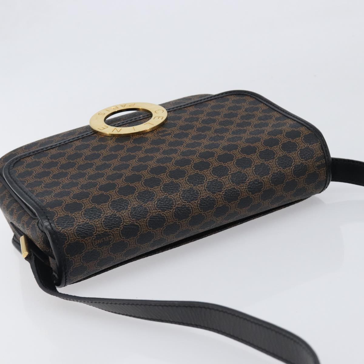 CELINE Macadam Canvas Circle Hand Bag PVC Leather Black Gold Auth 203016