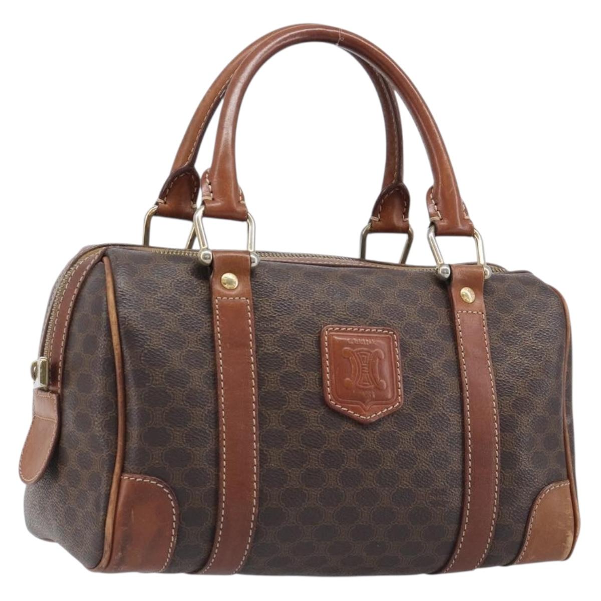 CELINE Macadam Canvas Boston Bag PVC Leather Brown Gold Auth 203018