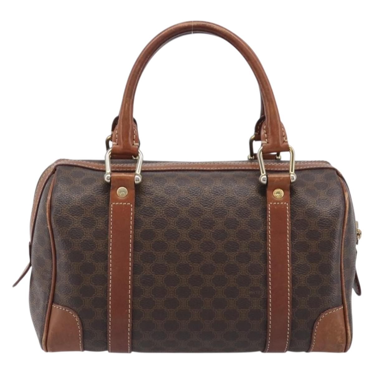 CELINE Macadam Canvas Boston Bag PVC Leather Brown Gold Auth 203018