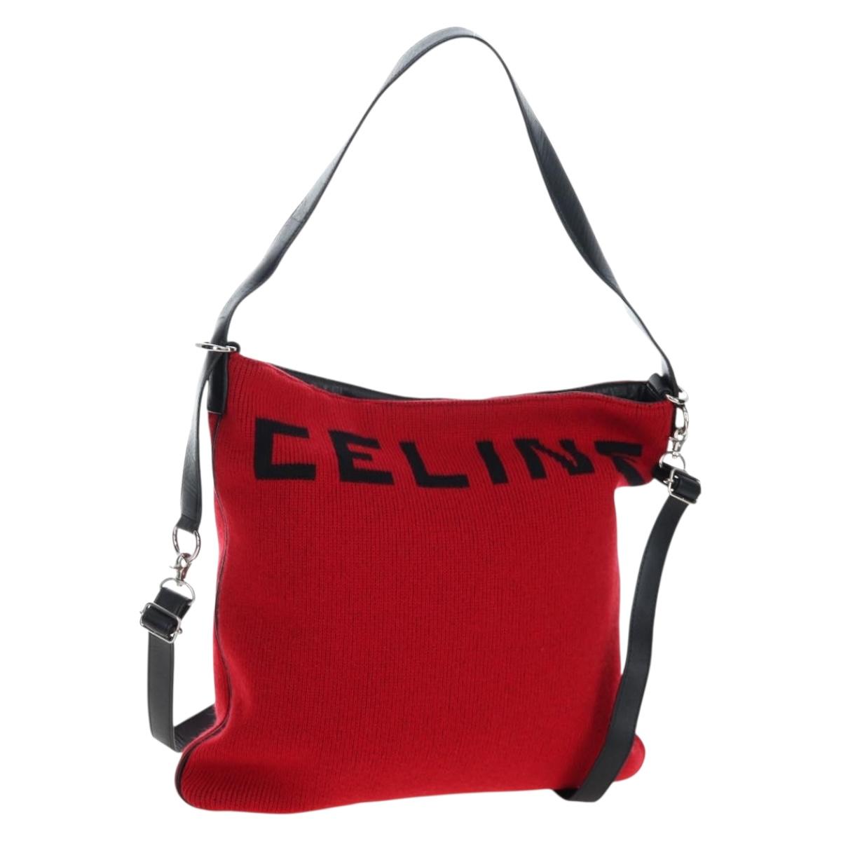 CELINE Shoulder Bag Knitted Fabrics Red Silver Auth 203021V