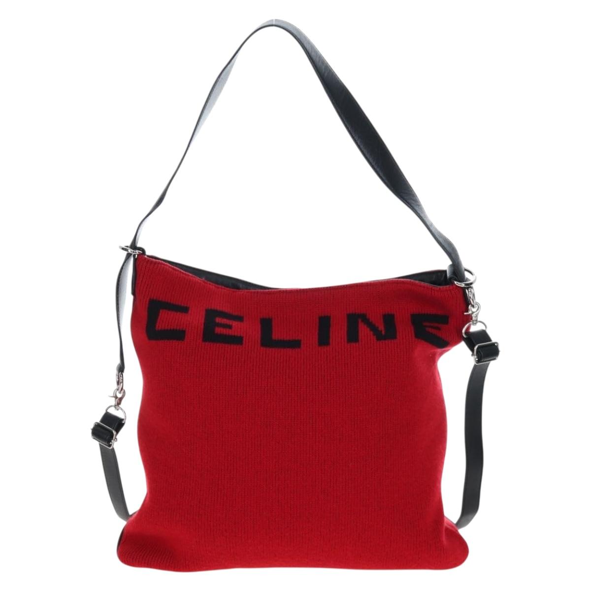 CELINE Shoulder Bag Knitted Fabrics Red Silver Auth 203021V