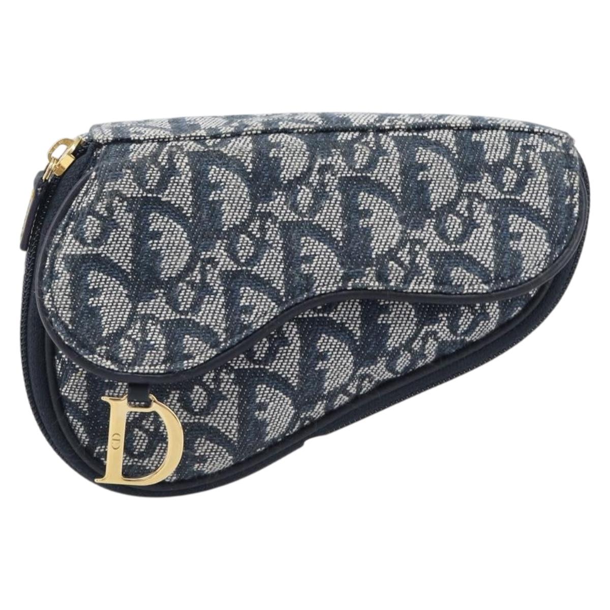 Christian Dior Trotter Canvas saddle Pouch Navy Gold Auth 203040A