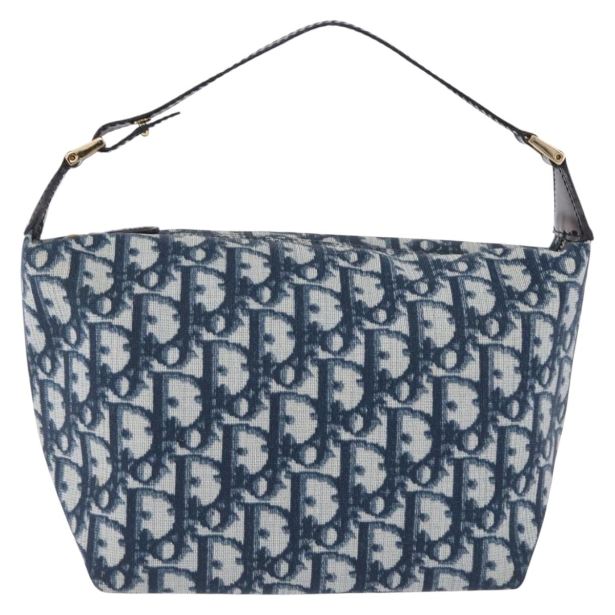 Christian Dior Trotter Canvas Hand Pouch PVC Navy Gold Auth 203041V