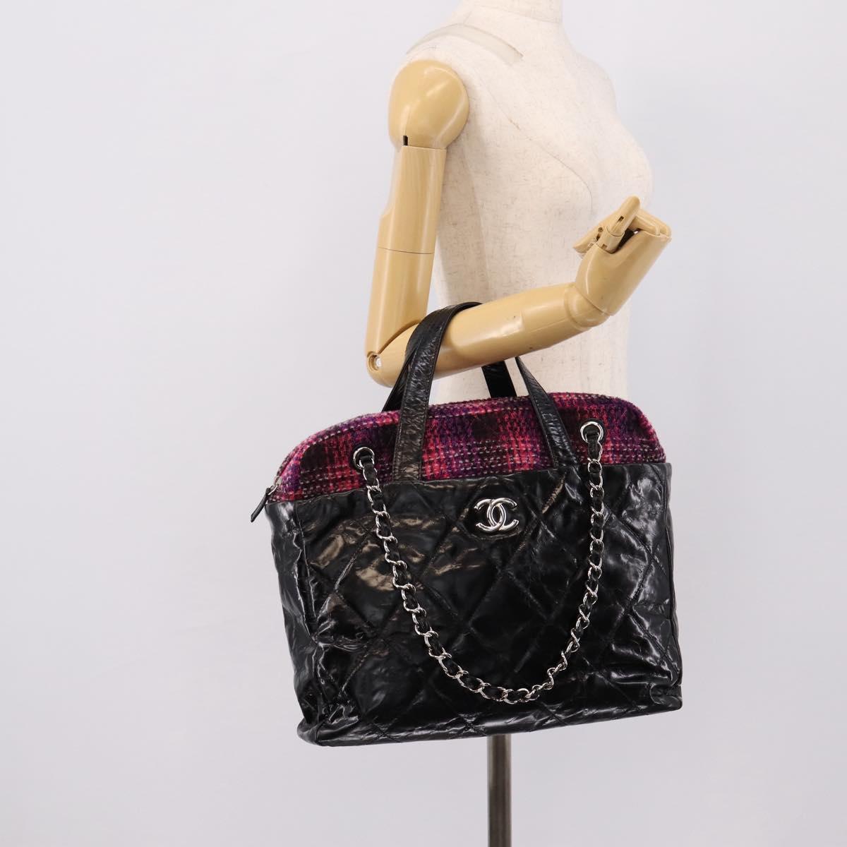 CHANEL Matelasse Hand Bag Calf Skin 2way Black Silver CC Auth 203070M