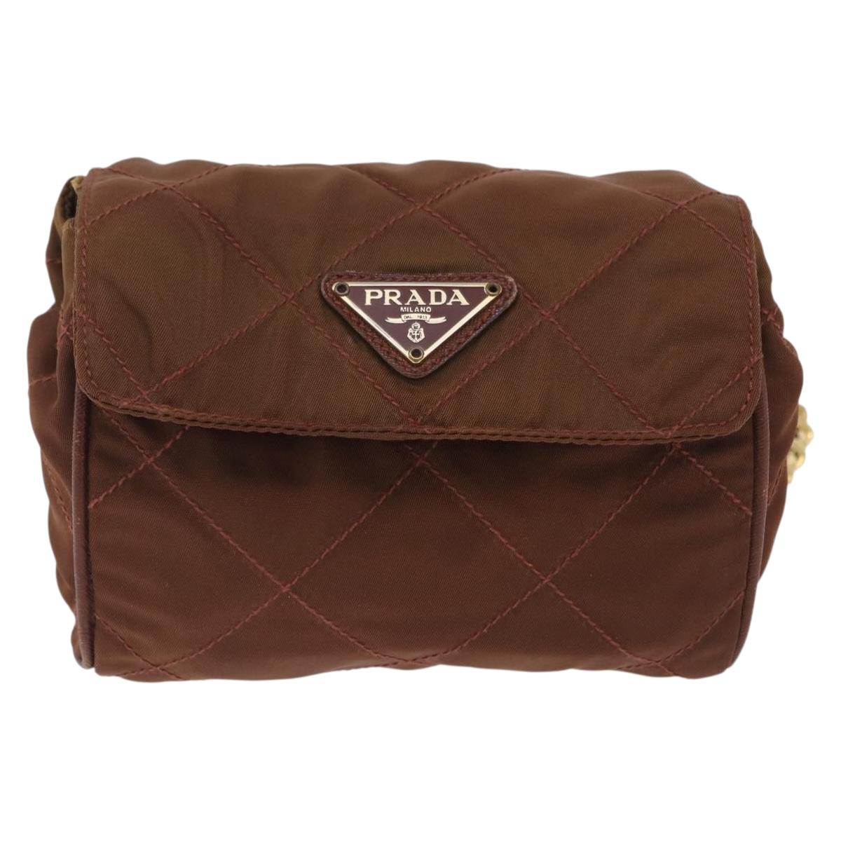PRADA Chain Shoulder Bag Nylon Brown Gold Tone Auth 203074