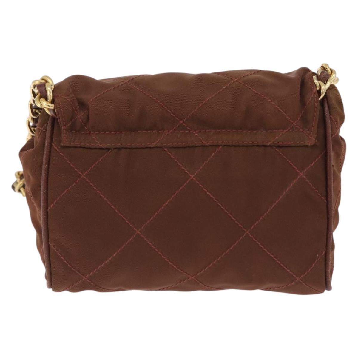 PRADA Chain Shoulder Bag Nylon Brown Gold Tone Auth 203074