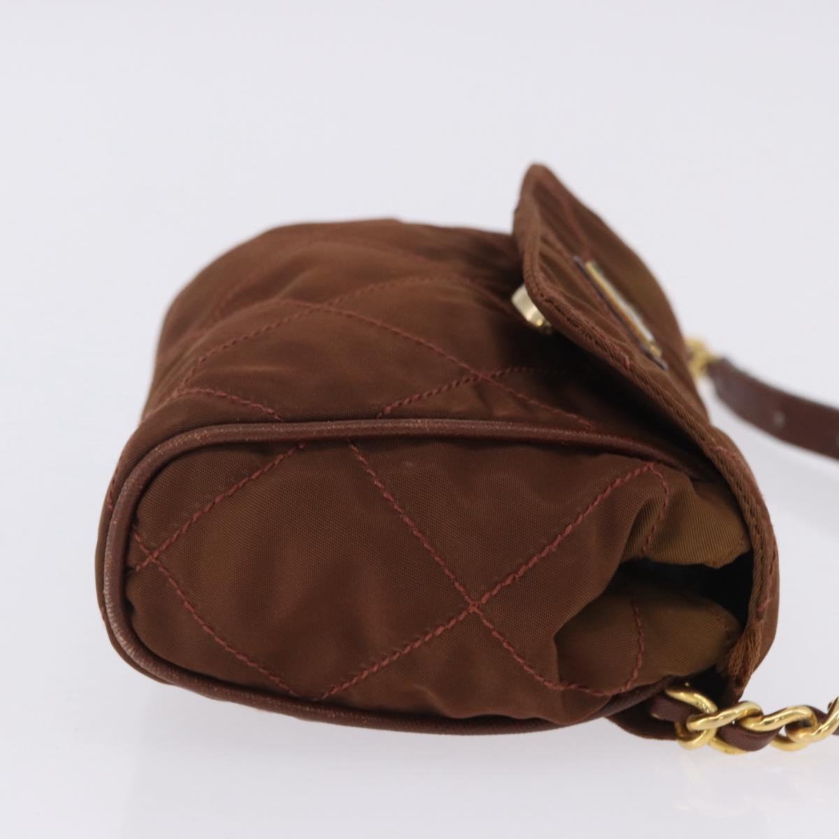 PRADA Chain Shoulder Bag Nylon Brown Gold Tone Auth 203074