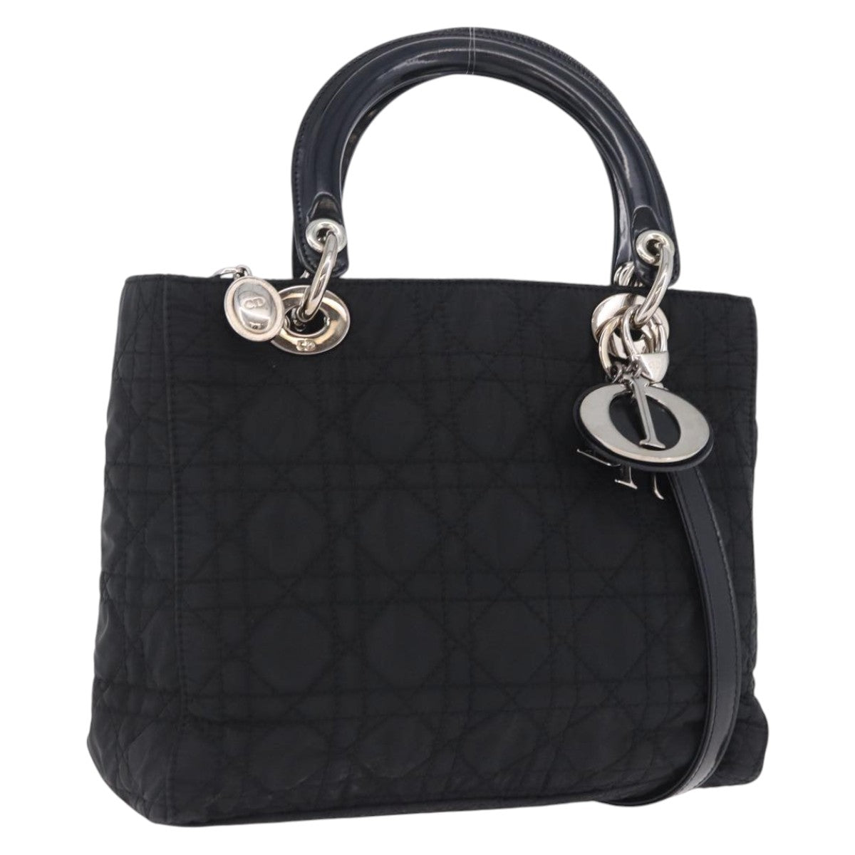 Christian Dior Canage Hand Bag Nylon 2way Black Silver Auth 203075
