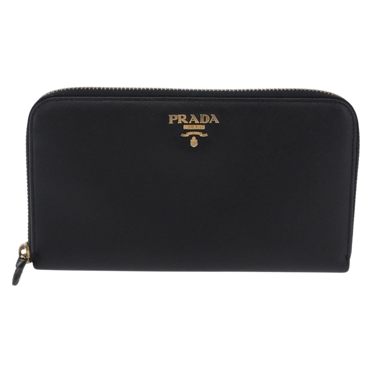 PRADA Long Wallet Saffiano Black Gold Tone Auth 203079