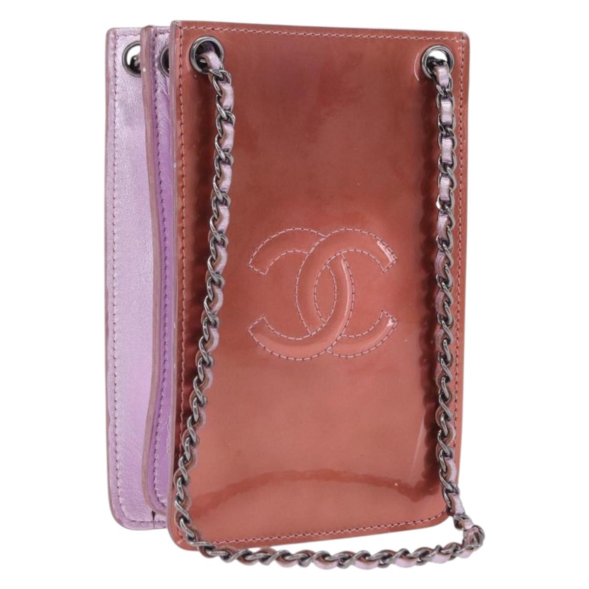 CHANEL Chain Shoulder Bag Patent Pink Silver CC Auth 203084M