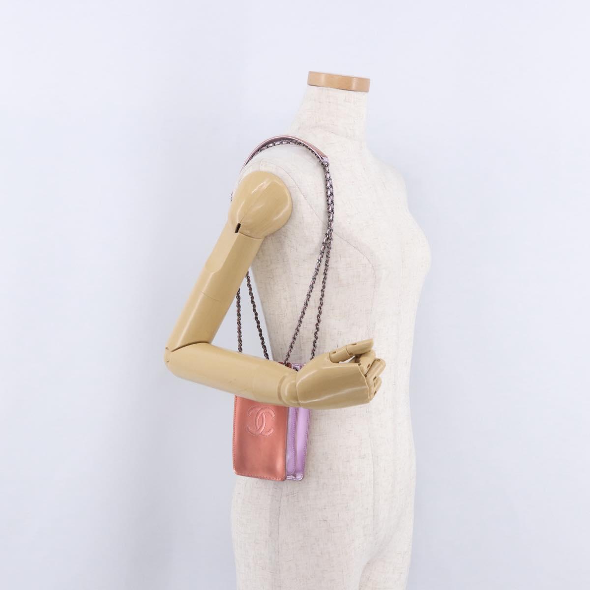 CHANEL Chain Shoulder Bag Patent Pink Silver CC Auth 203084M