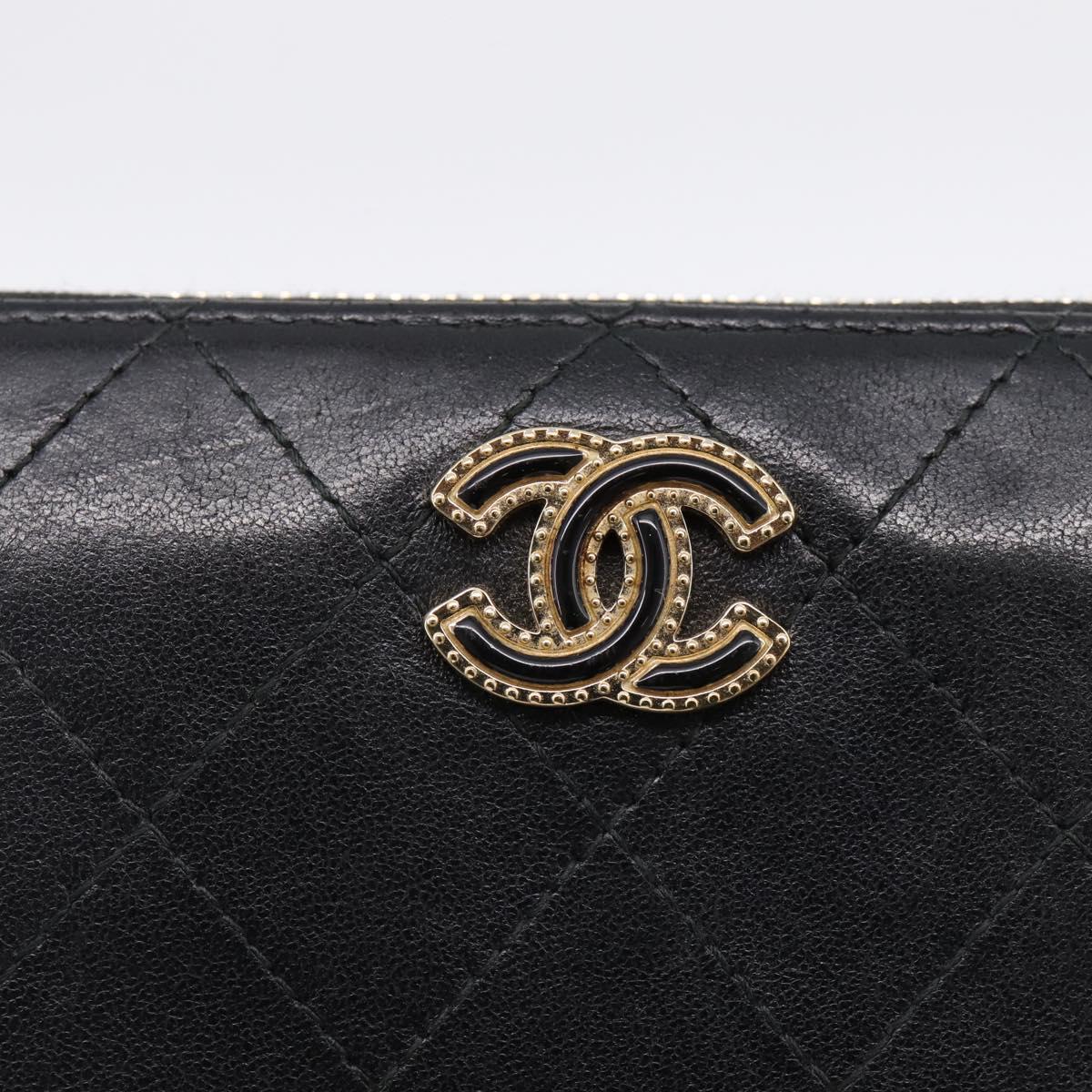 CHANEL Bicolore Long Wallet Leather Black Gold Tone CC Auth 203085