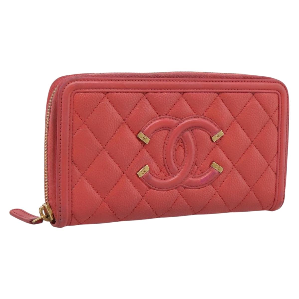 CHANEL Matelasse Long Wallet Caviar Skin Orange Gold Tone CC Auth 203090
