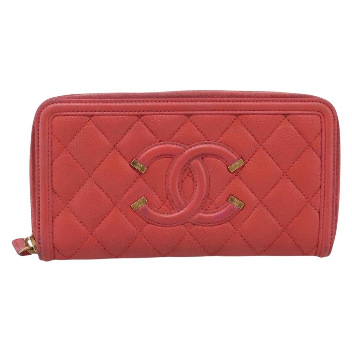 CHANEL Matelasse Long Wallet Caviar Skin Orange Gold Tone CC Auth 203090