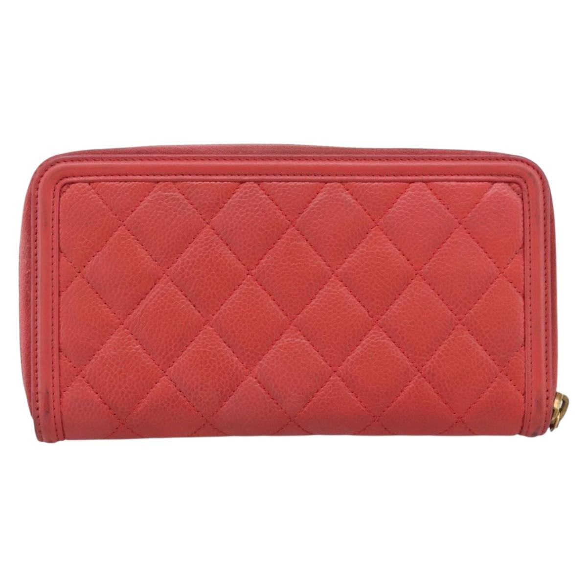 CHANEL Matelasse Long Wallet Caviar Skin Orange Gold Tone CC Auth 203090