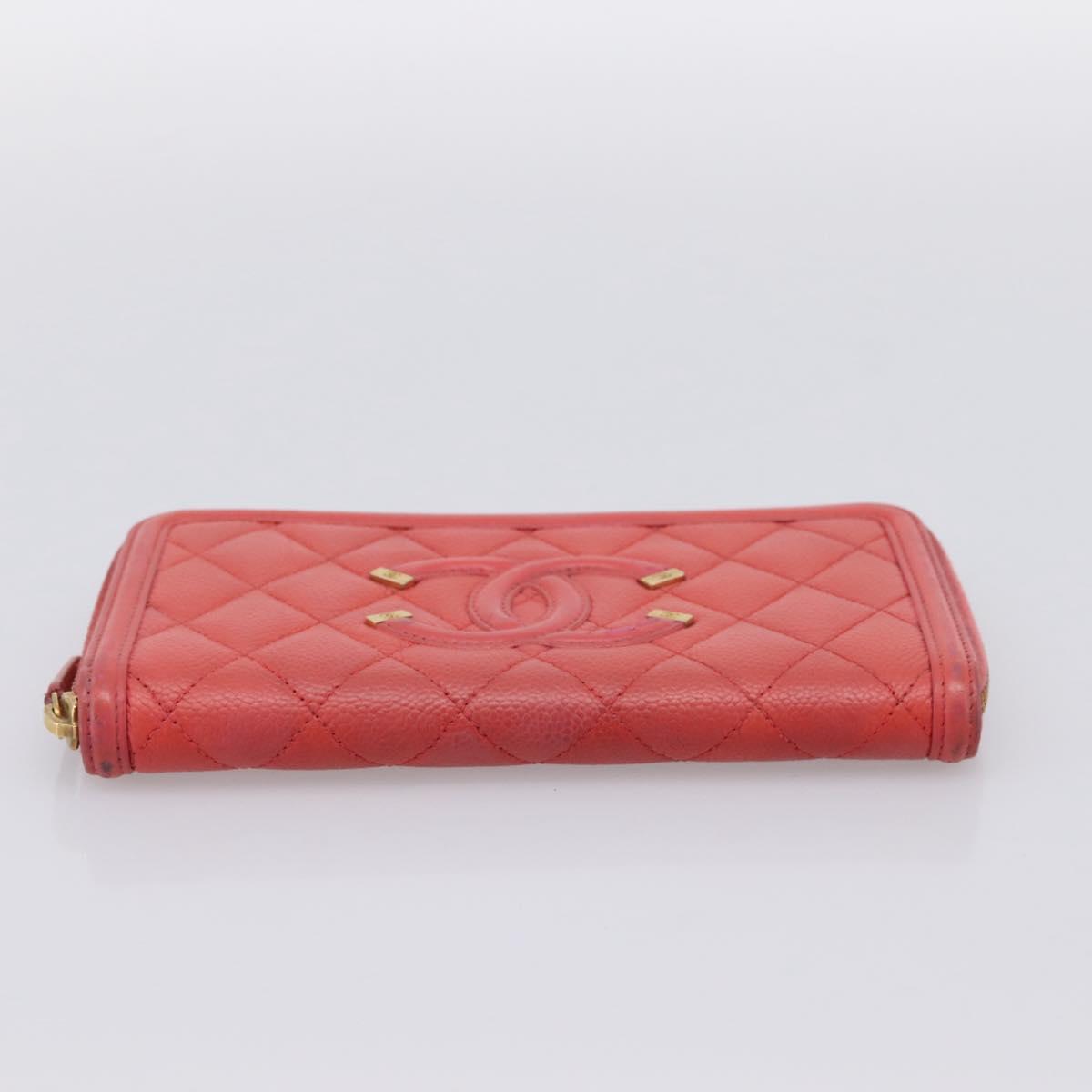 CHANEL Matelasse Long Wallet Caviar Skin Orange Gold Tone CC Auth 203090