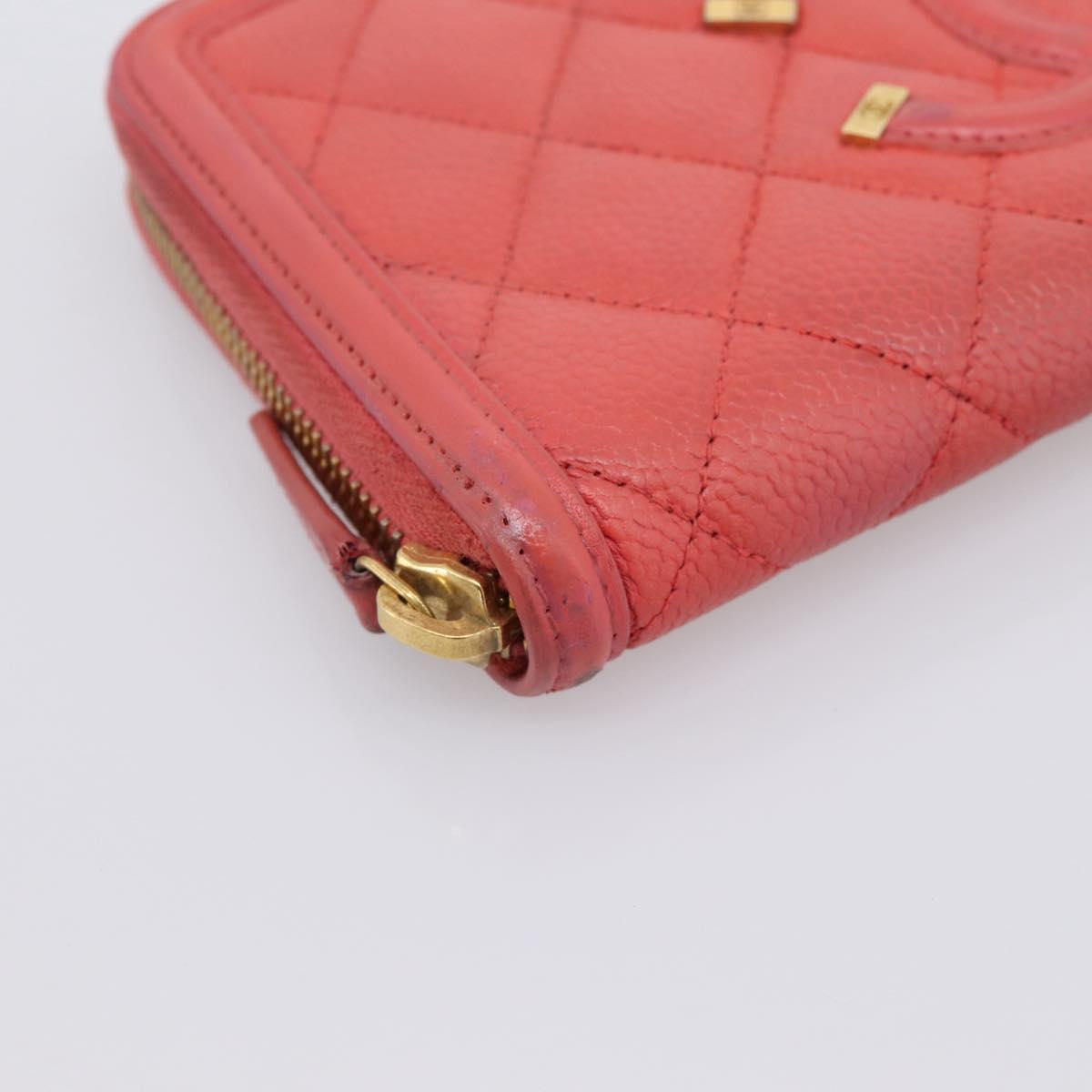 CHANEL Matelasse Long Wallet Caviar Skin Orange Gold Tone CC Auth 203090