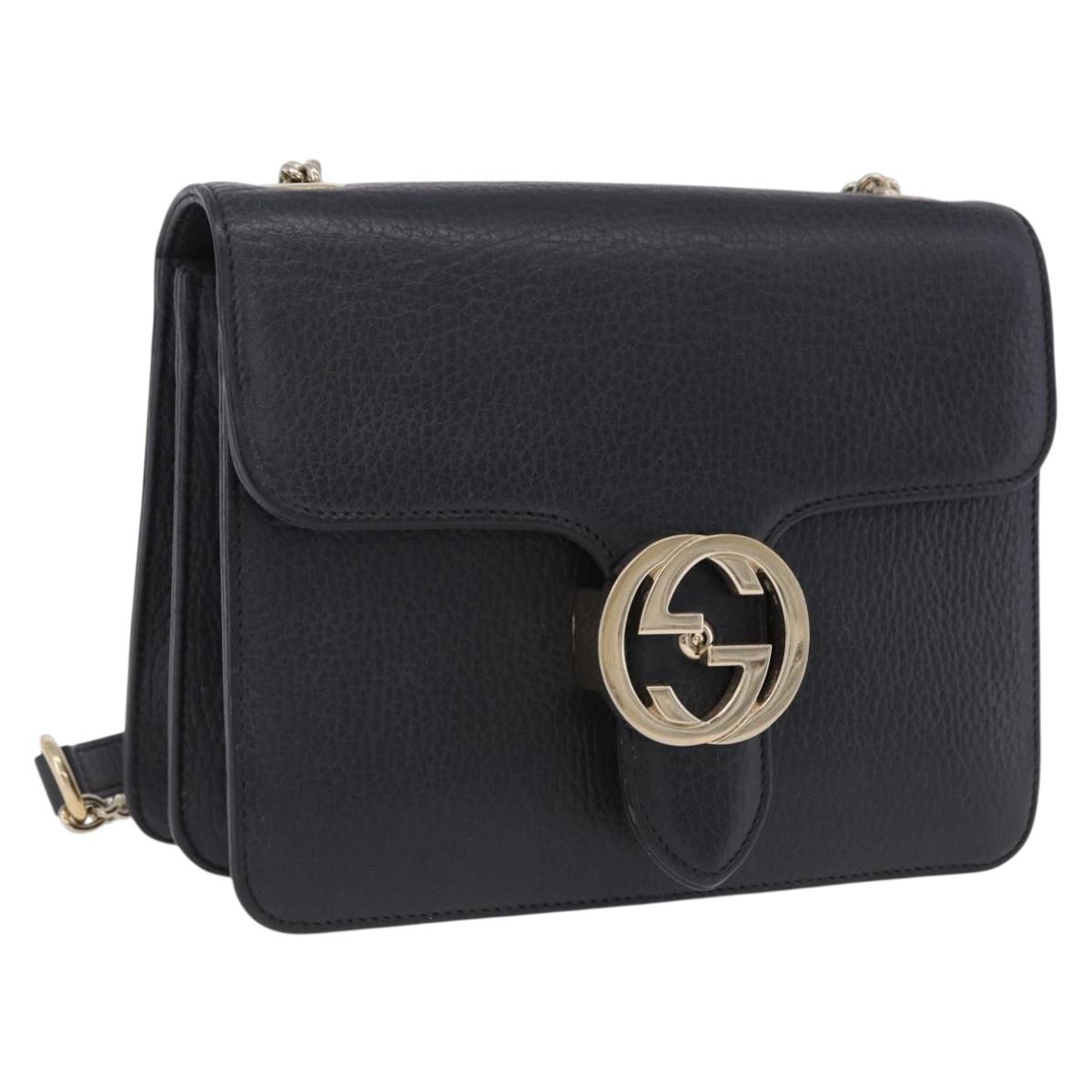 GUCCI Interlocking Chain Bag Leather Outlet Black Gold 510304 Auth 203114V